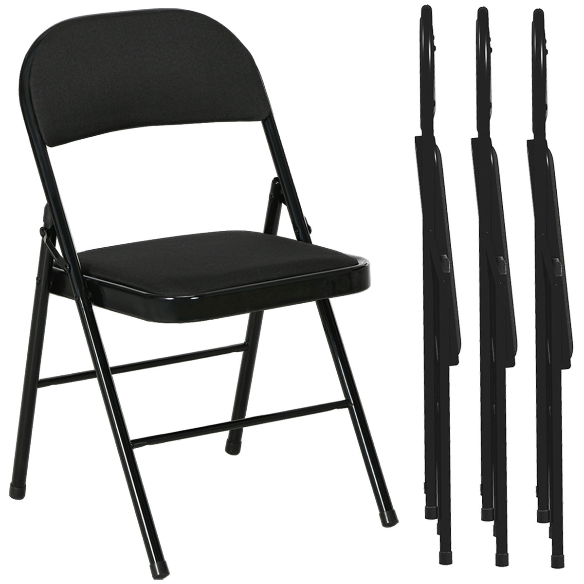 Set of 4 Metal Foldable Chairs, Faux Linen Padded Folding Chairs with Cushion Seat and Open Back for Indoor, Black