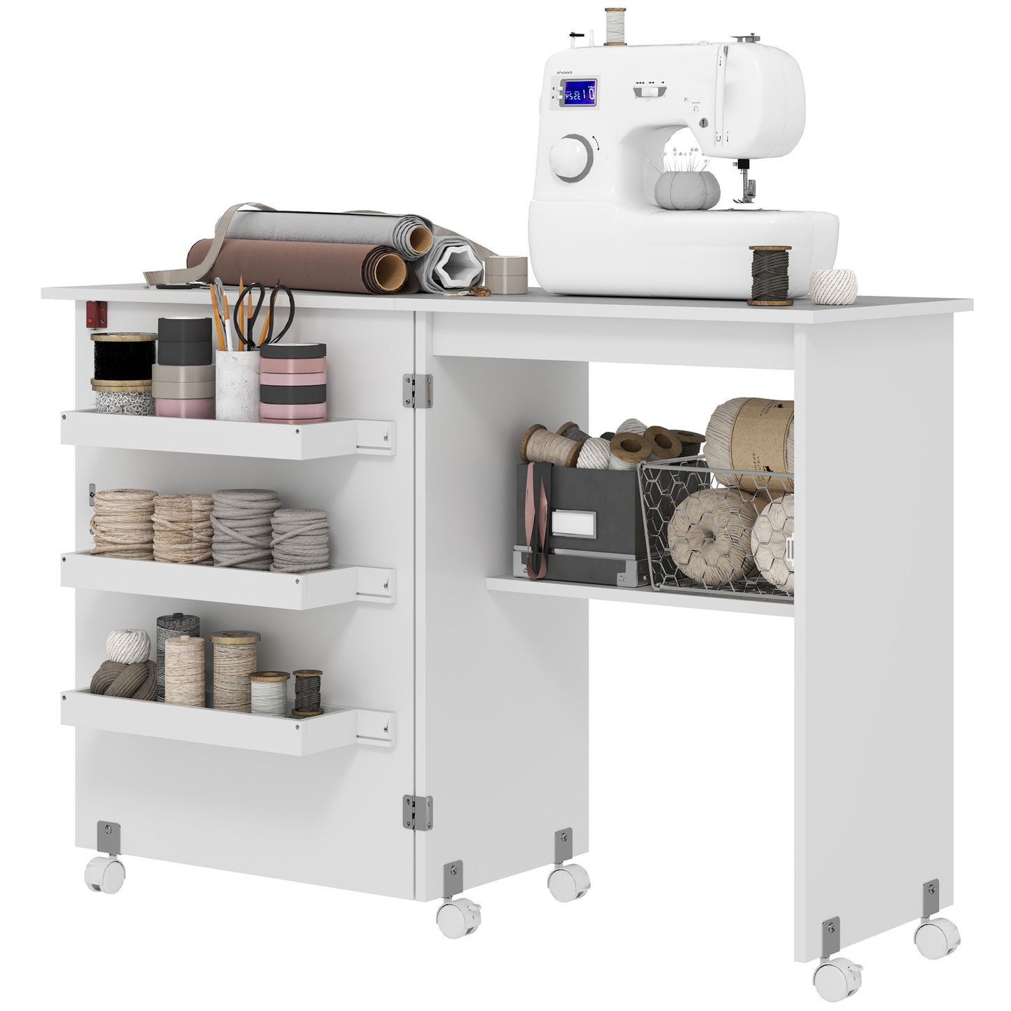 Sewing Machine Cabinet, Folding Sewing Table with Storage Shelf, Bins and Lockable Wheels for Small Space, White