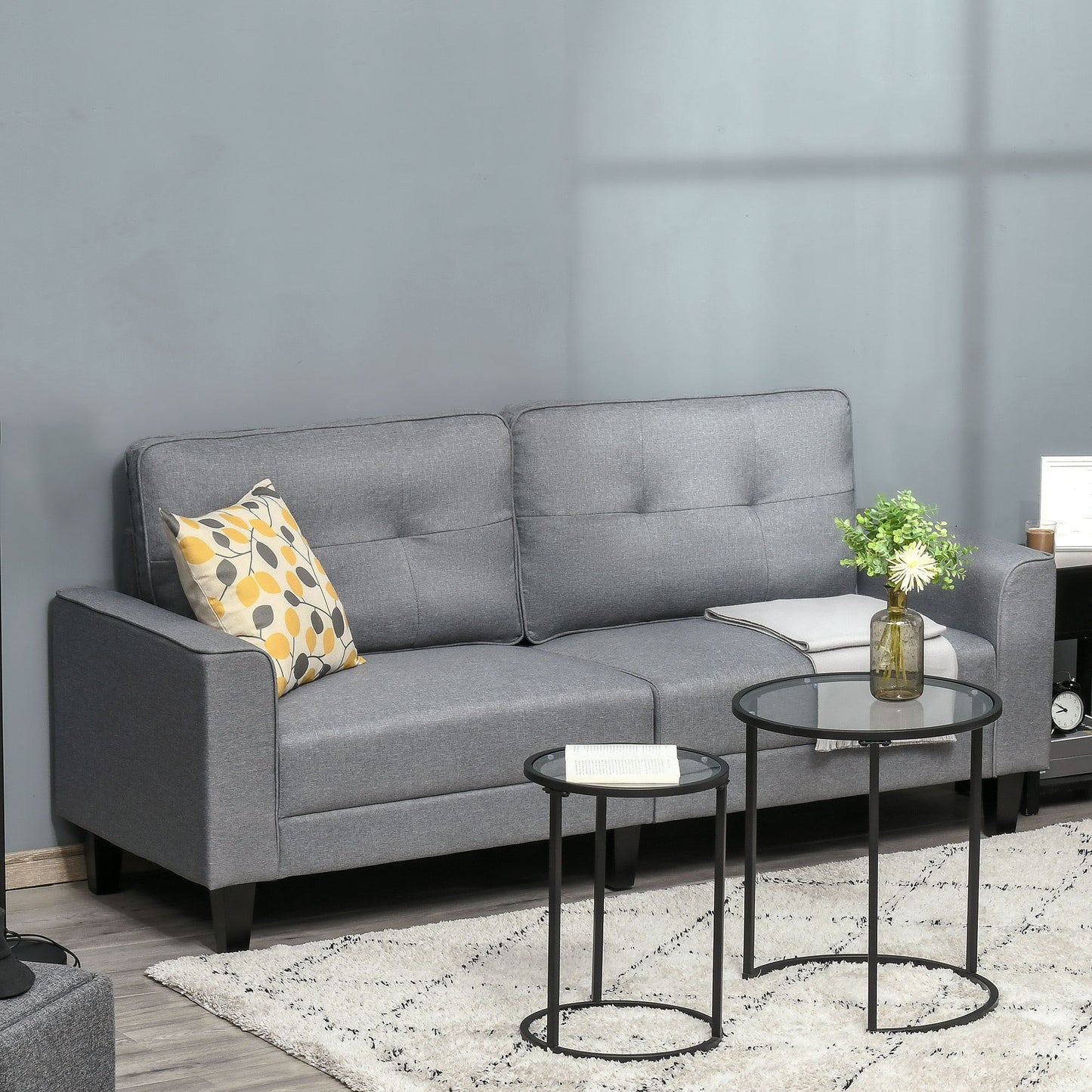 3-Seater Sofa, Mid-Century Linen Couch with Upholstered Seat, Button-Tufted Back Cushion and Rubber Wood Legs for Living Room, Bedroom, Gray