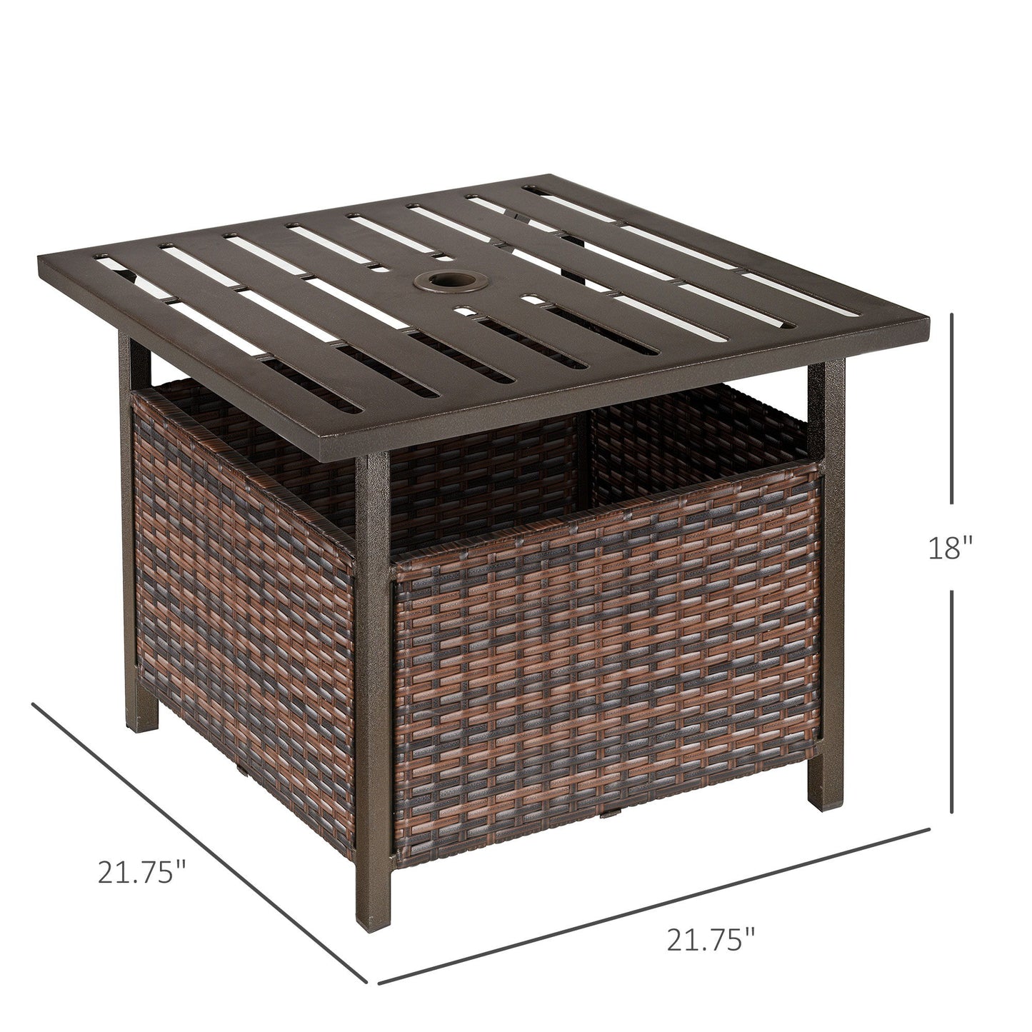 21.75" Outdoor Rattan Wicker Patio Coffee Table with Umbrella Hole, Patio Side Table with Slatted Metal Top, Brown
