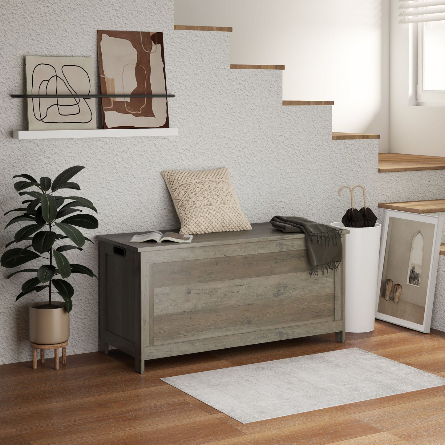 Storage Trunk with 2 Safety Hinges, Entryway Bench with Side Handles, Storage Chest for Living Room, Distressed Grey