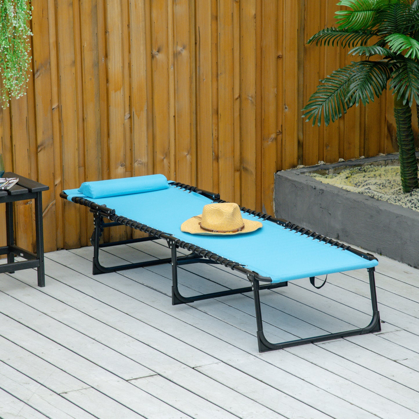 Outdoor Folding Lounge Chair, 4-Level Adjustable Chaise Lounge with Headrest, Tanning Chair Beach Bed, Reclining Lounger Cot for Camping, Hiking, Backyard, Sky Blue