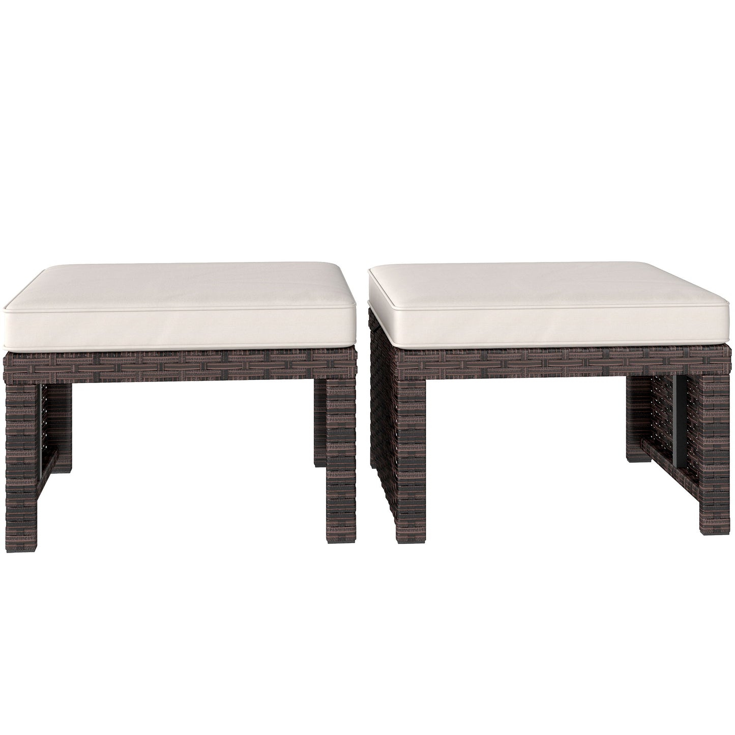 2 Pieces Wicker Outdoor Ottomans with Removable Cushions, Rattan Outdoor Seating, Footrest and Side Table, Khaki