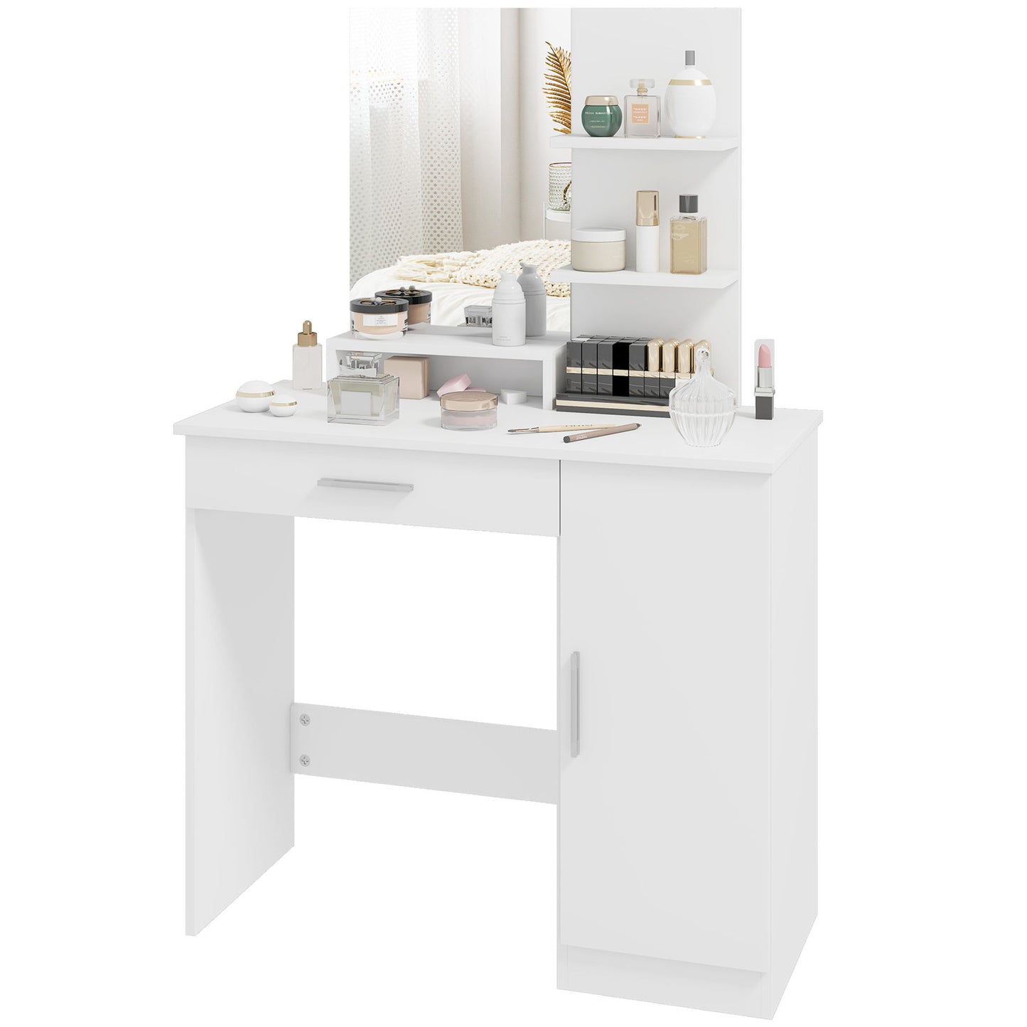 Vanity Desk with Mirror, Makeup Vanity w/ Drawer, Open Compartment and Shelves, Cabinet, Adjustable Shelves for Bedroom