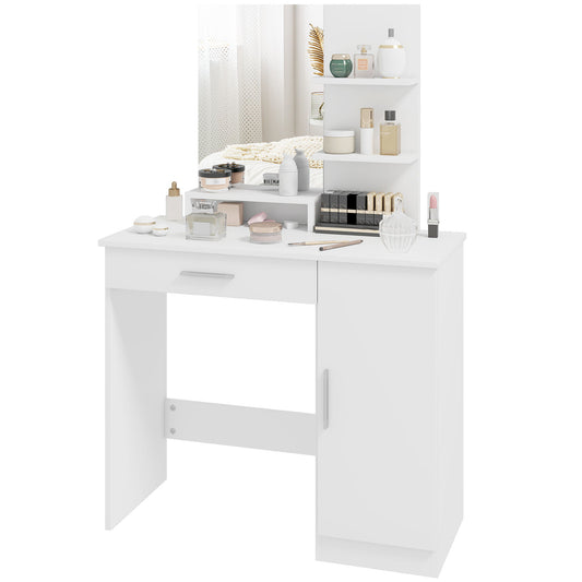 Vanity Desk with Mirror, Makeup Vanity w/ Drawer, Open Compartment and Shelves, Cabinet, Adjustable Shelves for Bedroom