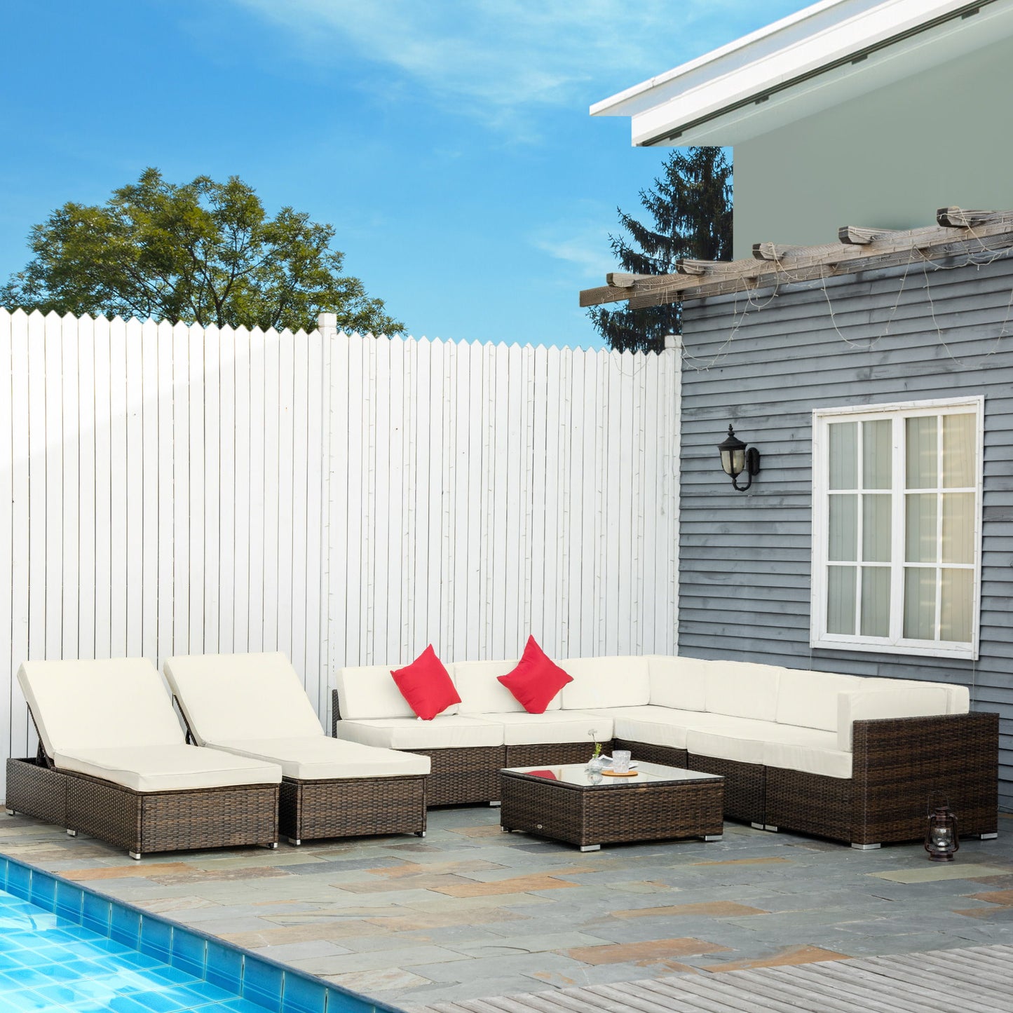 9 Pieces Wicker Patio Furniture Set with Cushion, Cream White