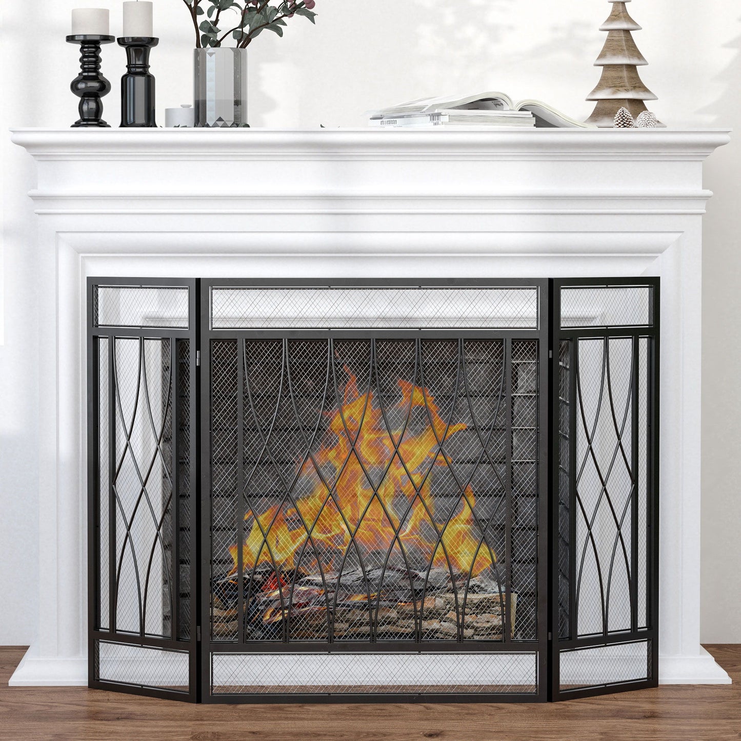 3-Panel Metal Mesh Fireplace Screen, Decorative Fire Spark Guard Cover, 49.5" x 31.5"for Living Room Home Decor, Black