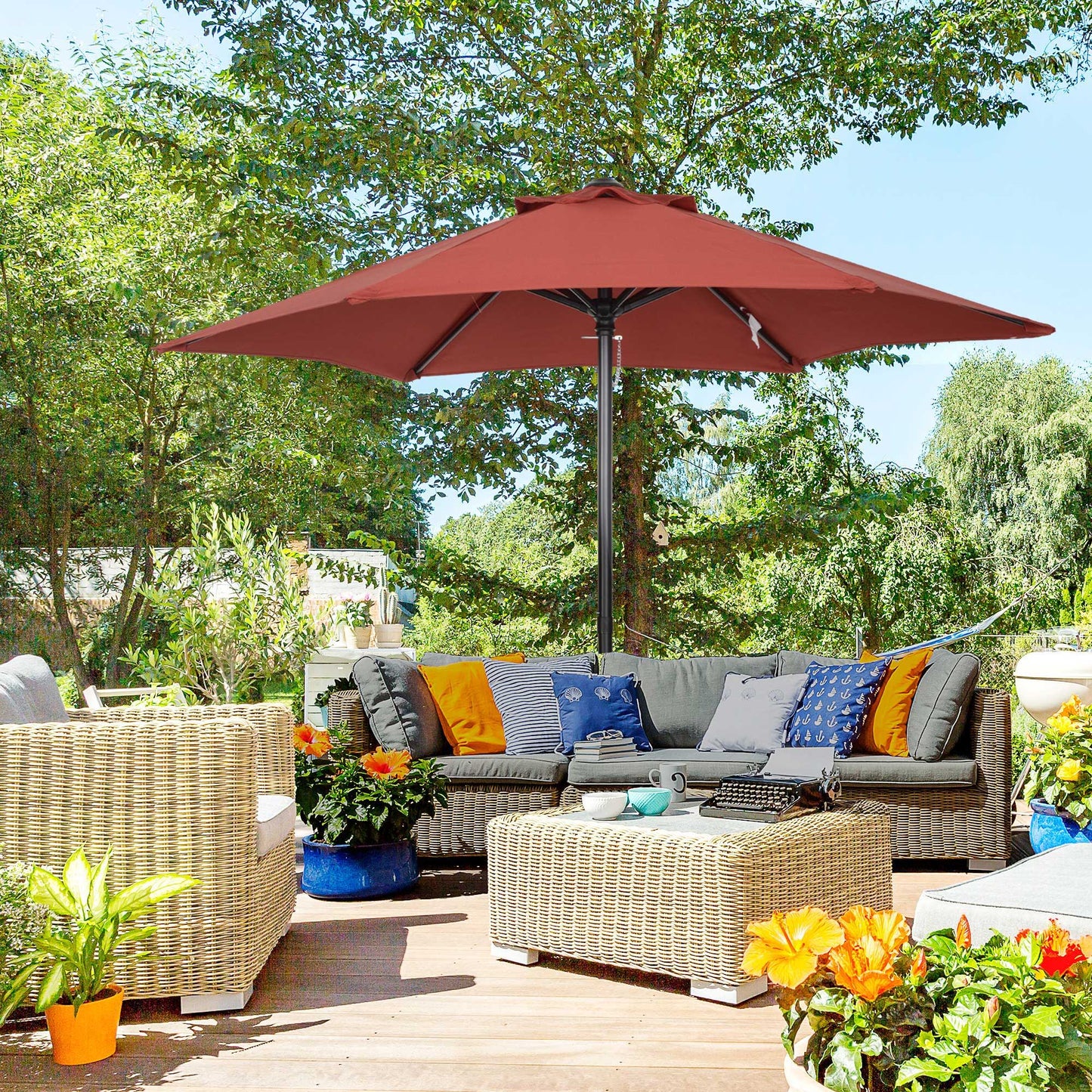 6.6FT Patio Umbrella, Outdoor Parasol with 6 Solid Ribs, Wine Red