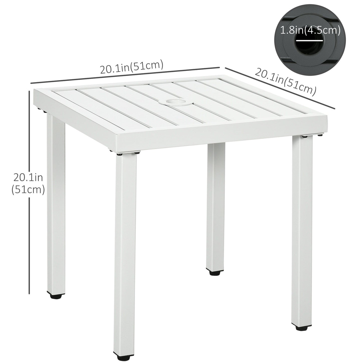 Outdoor Side Table, Patio End Table with Umbrella Hole, Small Coffee Table with Steel Frame for Balcony, White