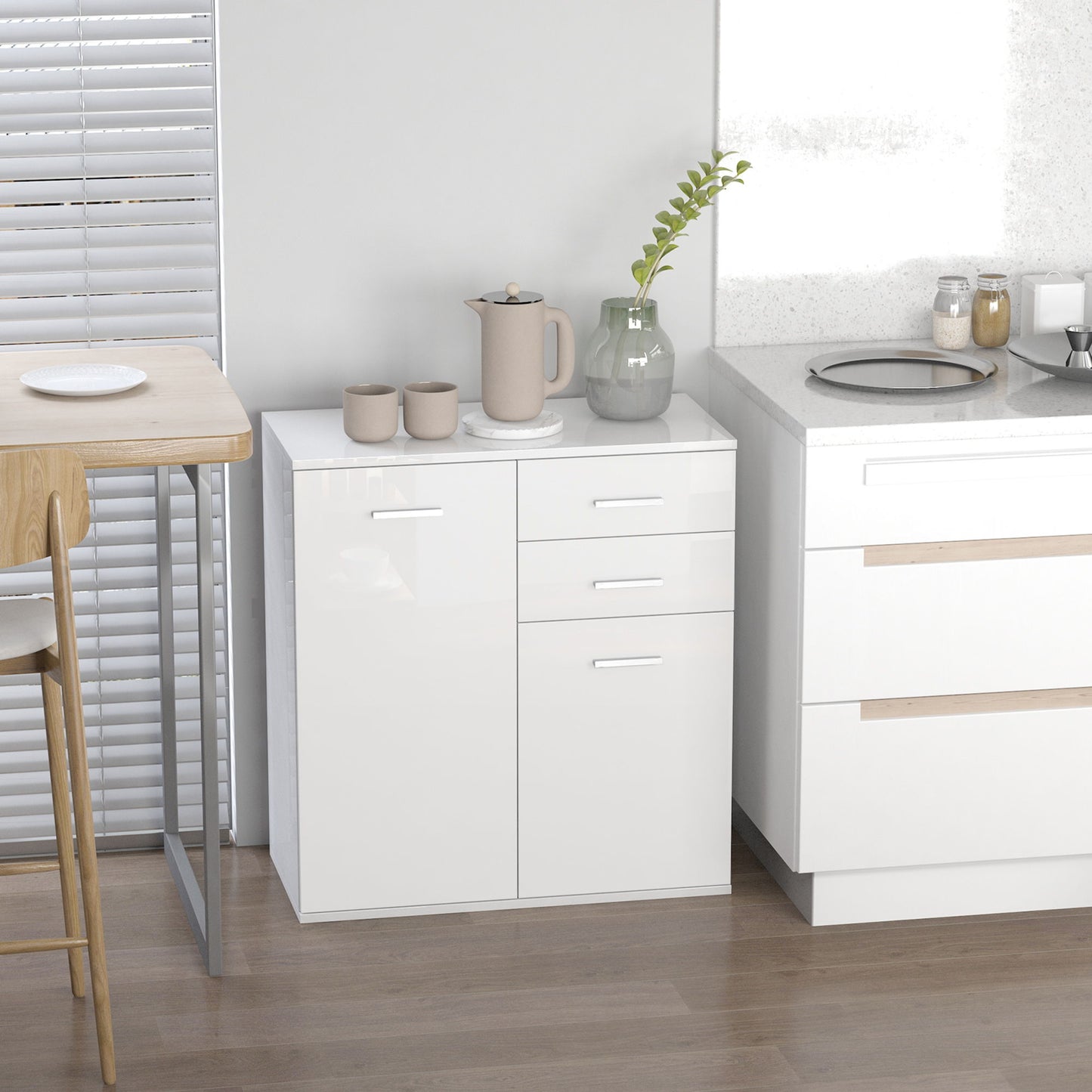 High Gloss Sideboard with 2 Drawers and 2 Doors, Buffet Cabinet with Adjustable Shelf, Coffee Bar Cabinet with Storage, White