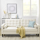 Mid-Century Sofa, Couch with Button-Tufted Back Cushion, Linen Feel Fabric Upholstery, 2 Cylindrical Pillows and Rubber Wood Legs for Living Room, Cream White