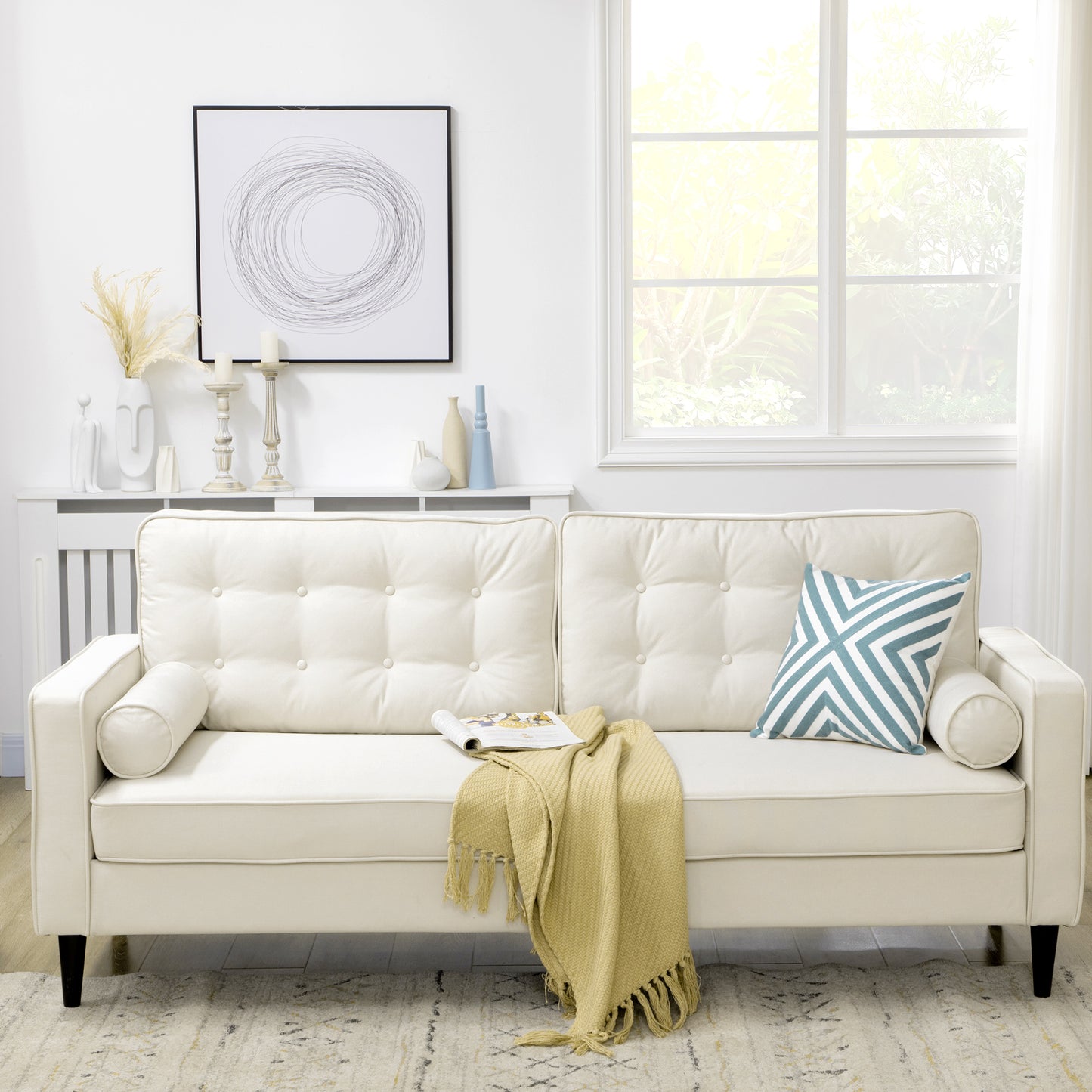Mid-Century Sofa, Couch with Button-Tufted Back Cushion, Linen Feel Fabric Upholstery, 2 Cylindrical Pillows and Rubber Wood Legs for Living Room, Cream White