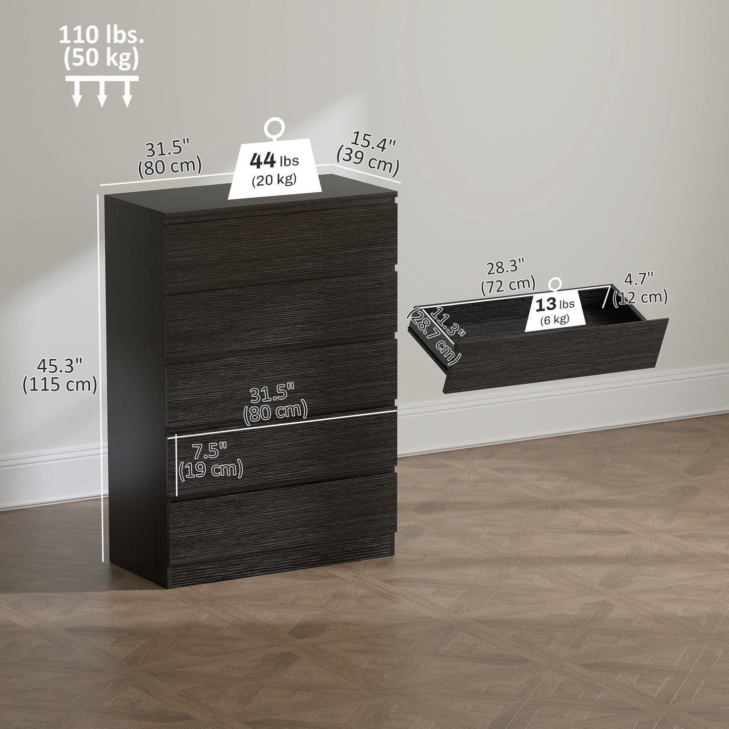 Dresser for Bedroom with 5 Drawers, Modern Chest of Drawers for Living Room, Closet, Hallway, Black