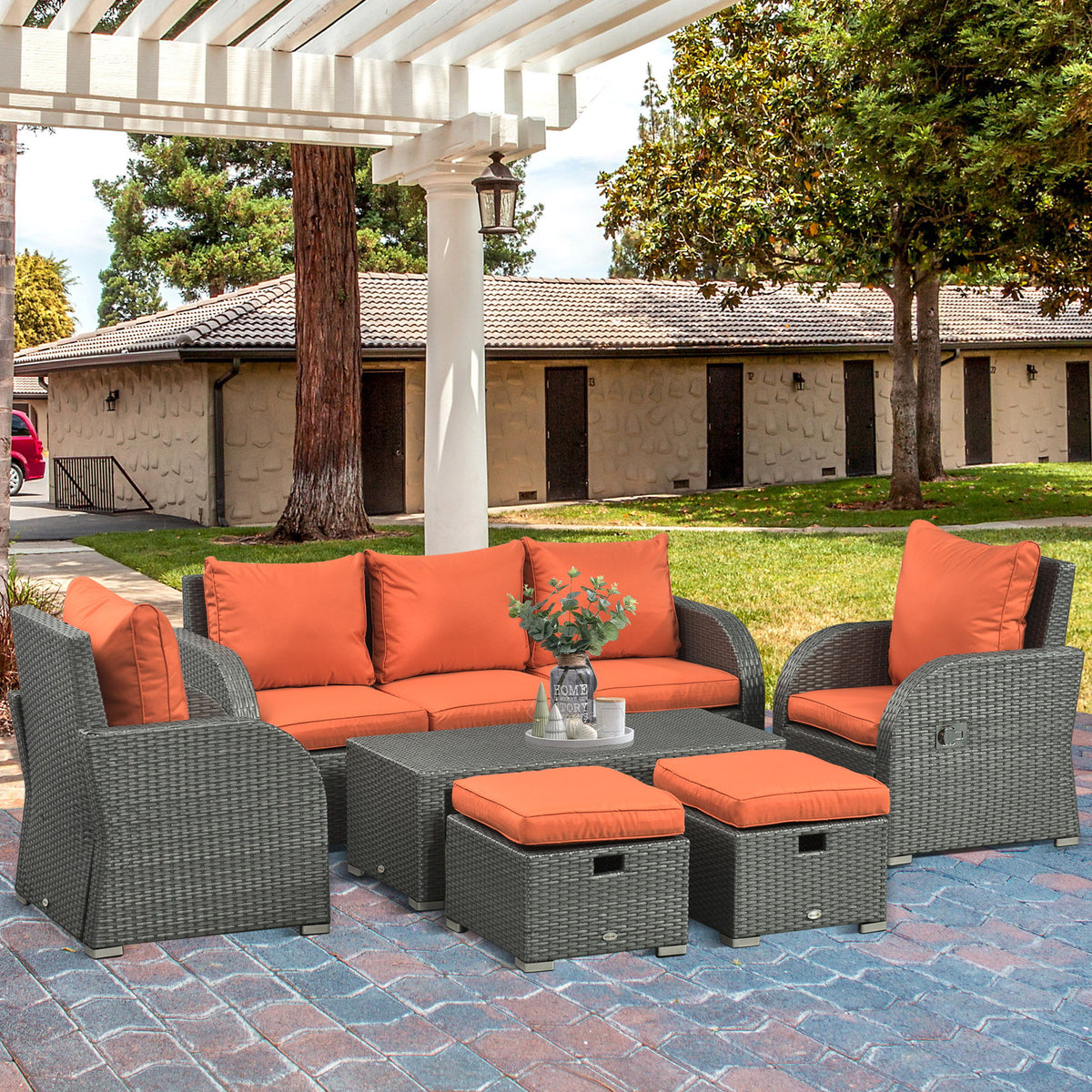 6 Pieces Patio Furniture with 2 Recliner Chairs, PE Wicker Sectional Furniture Conversation Set with a 3-Seat Sofa, 2 Footstools, Table, Cushions, Orange