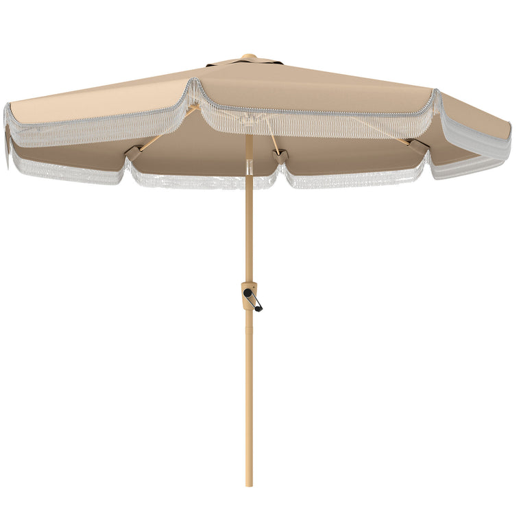 9ft Khaki Fringed Market Table Umbrella with Push Button Tilt