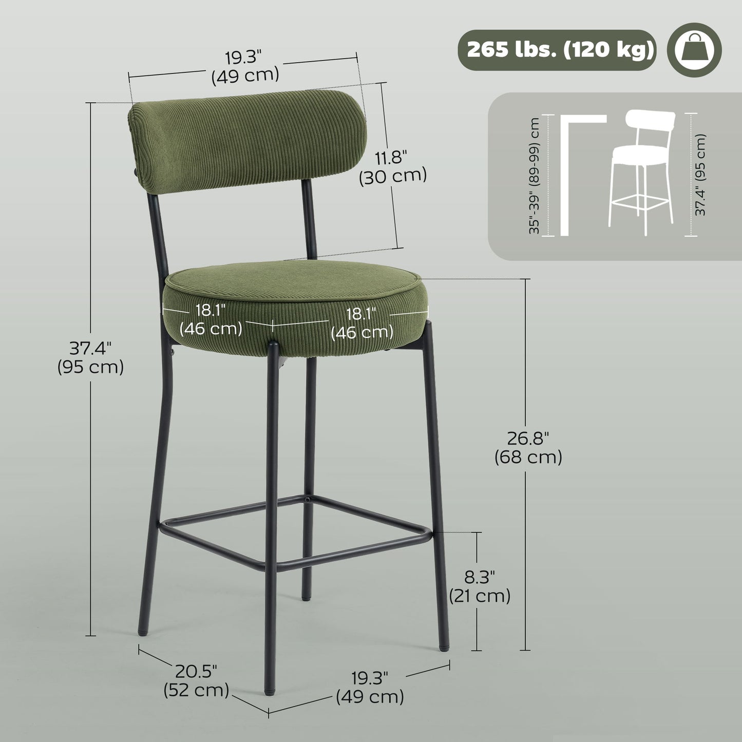 Set of 2 Barstools, Upholstered Corduroy Bar Stools with Backrest, Footrest for Kitchen Island, Dining Room, Green
