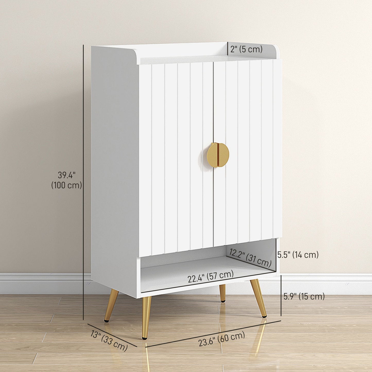 Entryway Shoe Storage Cabinet, Narrow Shoe Cabinet with Adjustable Shelves and Open Shelf for 15 Pairs of Shoes, White