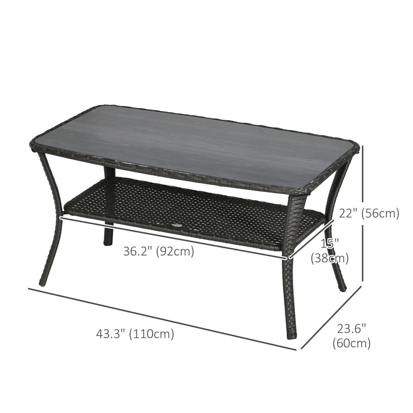 Outdoor Patio PE Rattan Coffee Table with Storage Shelf, Wicker Side Table with Glass Top, Black