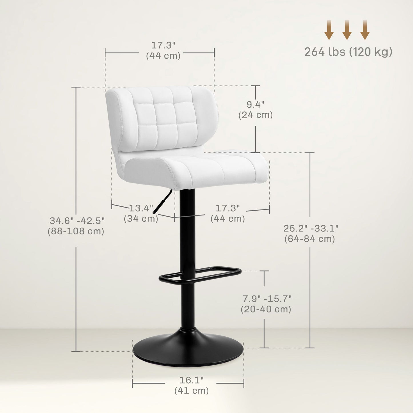Swivel PU Leather Barstools Set of 2 Adjustable Bar Stools with Footrest Back for Kitchen Counter Dining Room White