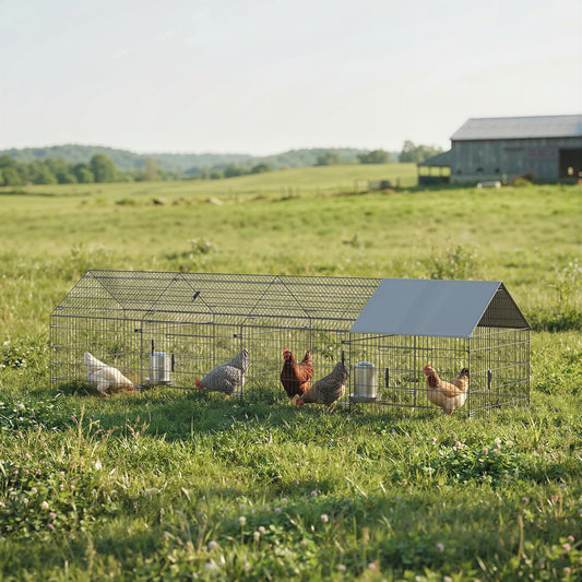 Metal Chicken Coop with UV-Resistant Cover for Hens, Rabbits, Ducks, Geese, 168.5" x 42.1" x 43.7", Grey