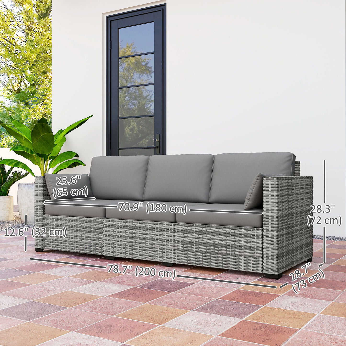 3-Seater Outdoor Sofa with Cushions, PE Rattan Conversation Patio Couch with Pillows for Garden, Poolside, Grey
