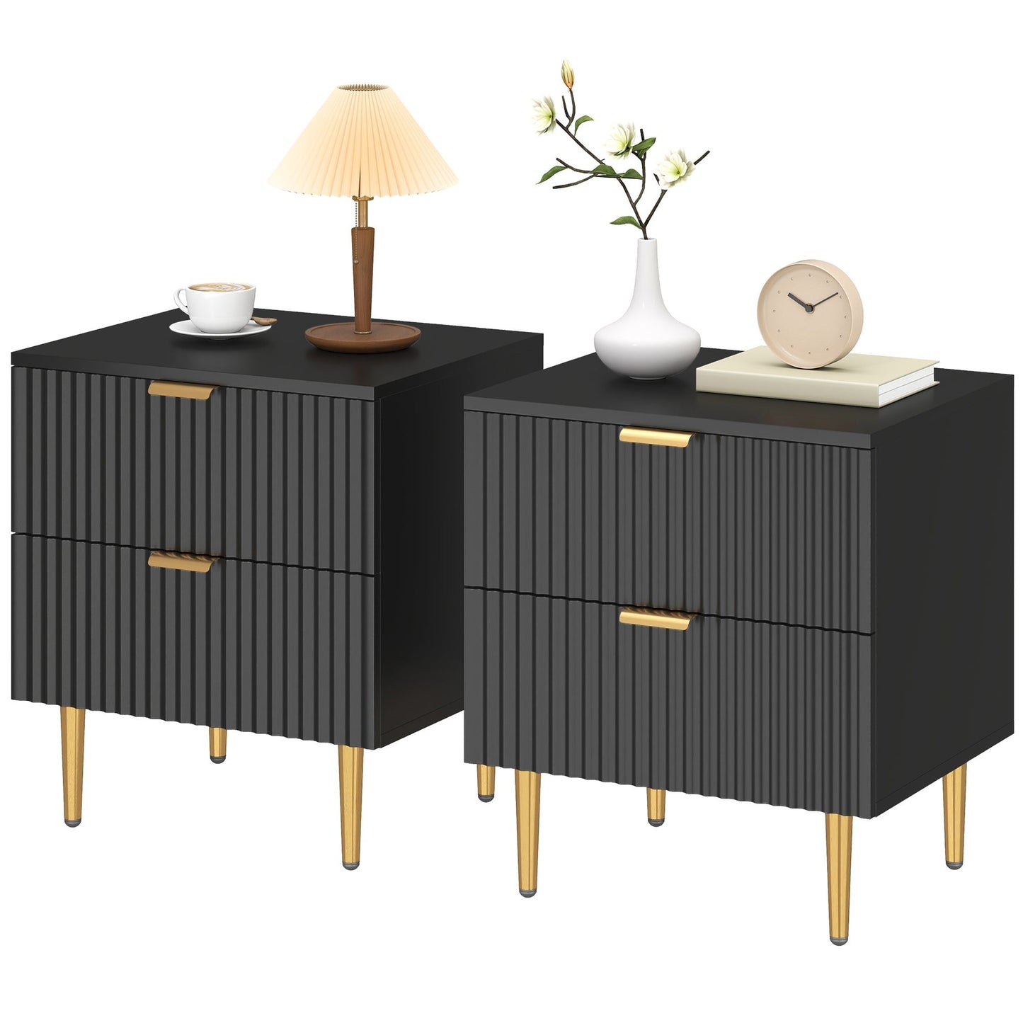 Nightstand Set of 2 with 2 Drawers and Metal Legs - Black