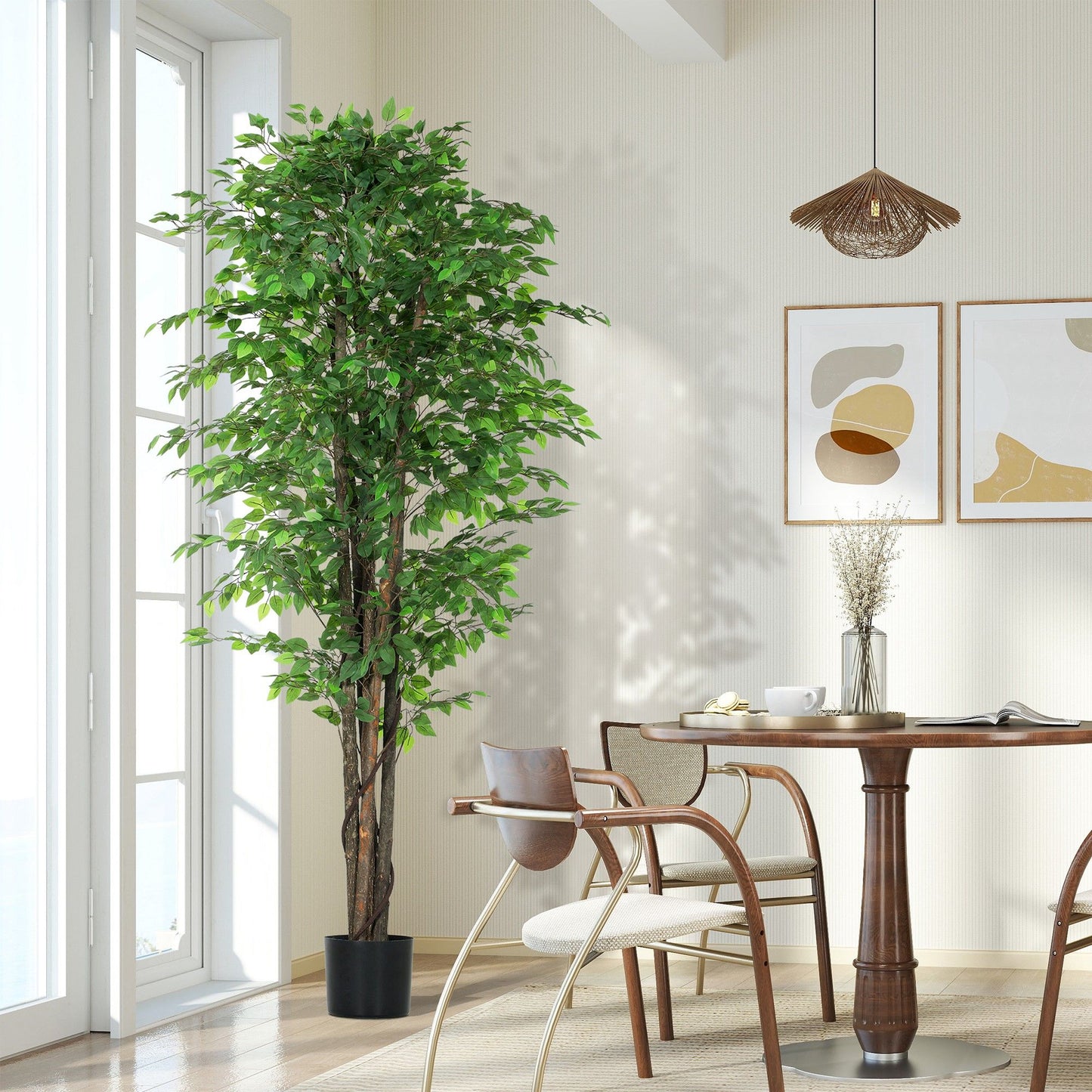 8ft Tall Artificial Tree, Silk Ficus Tree with 2520 Leaves in Pot, Fake Plant for Home Office Decor