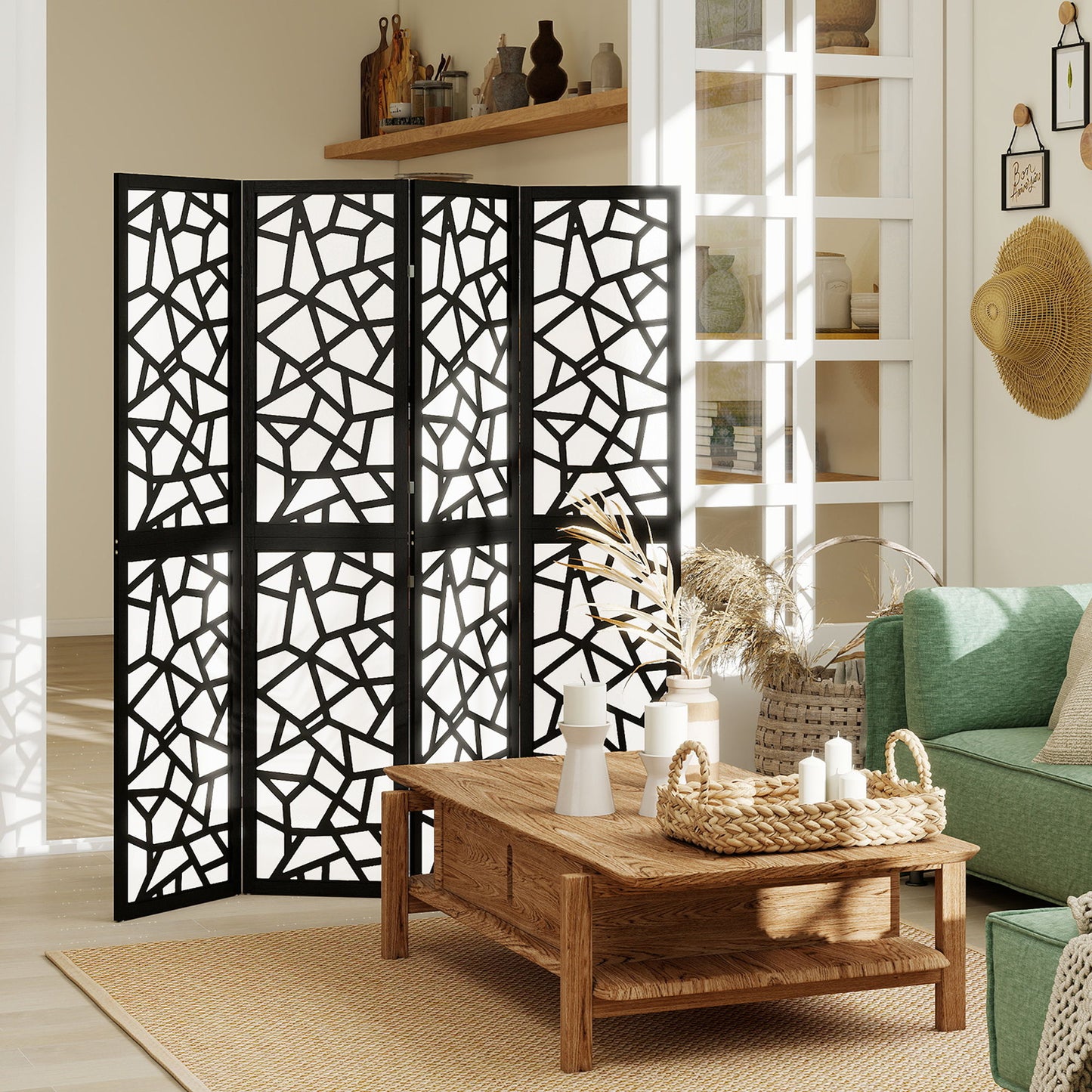 4 Panel Room Divider, 5.6 FT Lightweight Folding Privacy Screen with Geometric Pattern for Living Room, Bedroom, Black