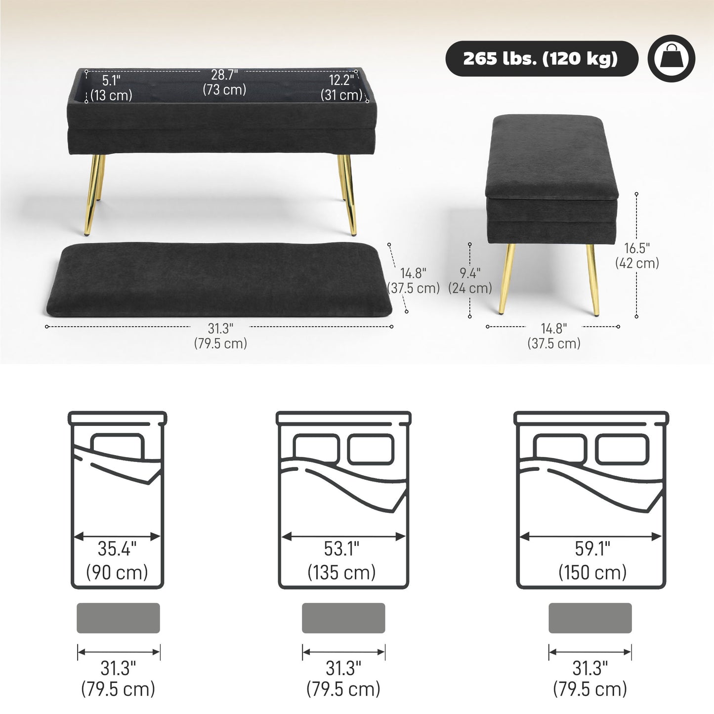 31" Storage Ottoman, Velvet End of Bed Bench with Steel Legs, Foot Stool with Storage for Bedroom, Living Room, Black