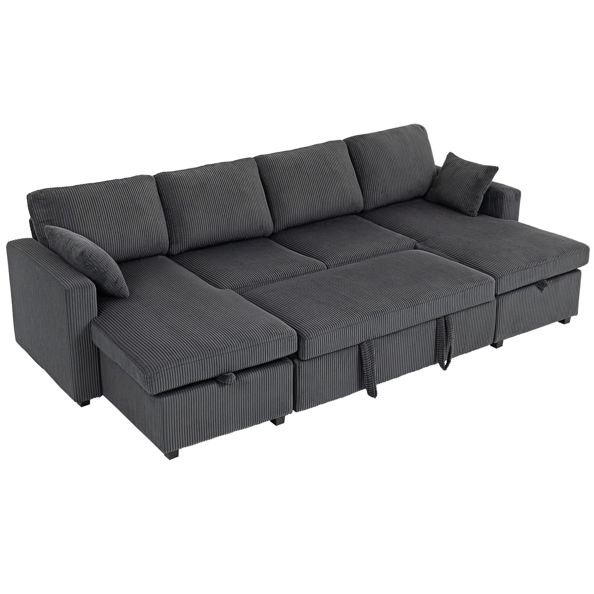 Convertible Sofa Bed, Corduroy U-Shaped Sleeper Sofa Couch with Storage Chaise, Pillows, Spring, Futon Couch, Grey