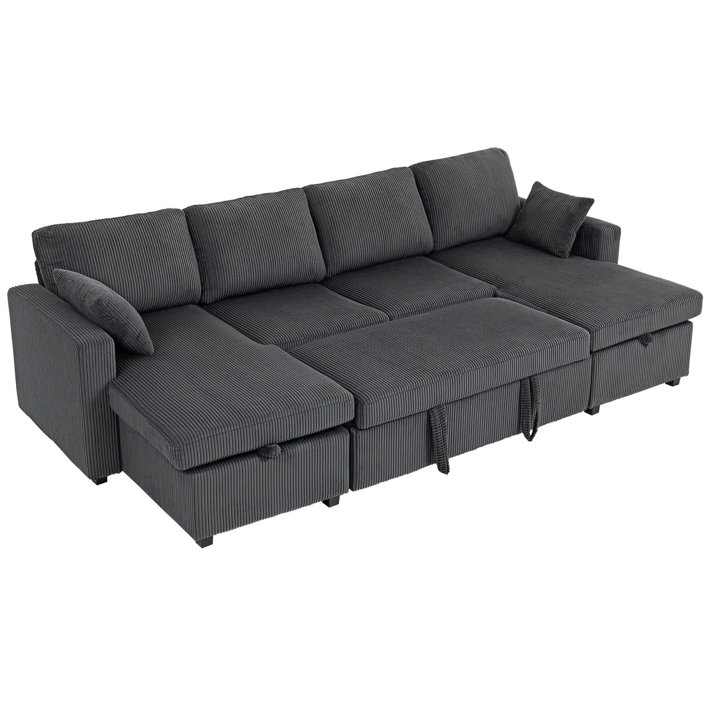 Convertible Sofa Bed, Corduroy U-Shaped Sleeper Sofa Couch with Storage Chaise, Pillows, Spring, Futon Couch, Grey