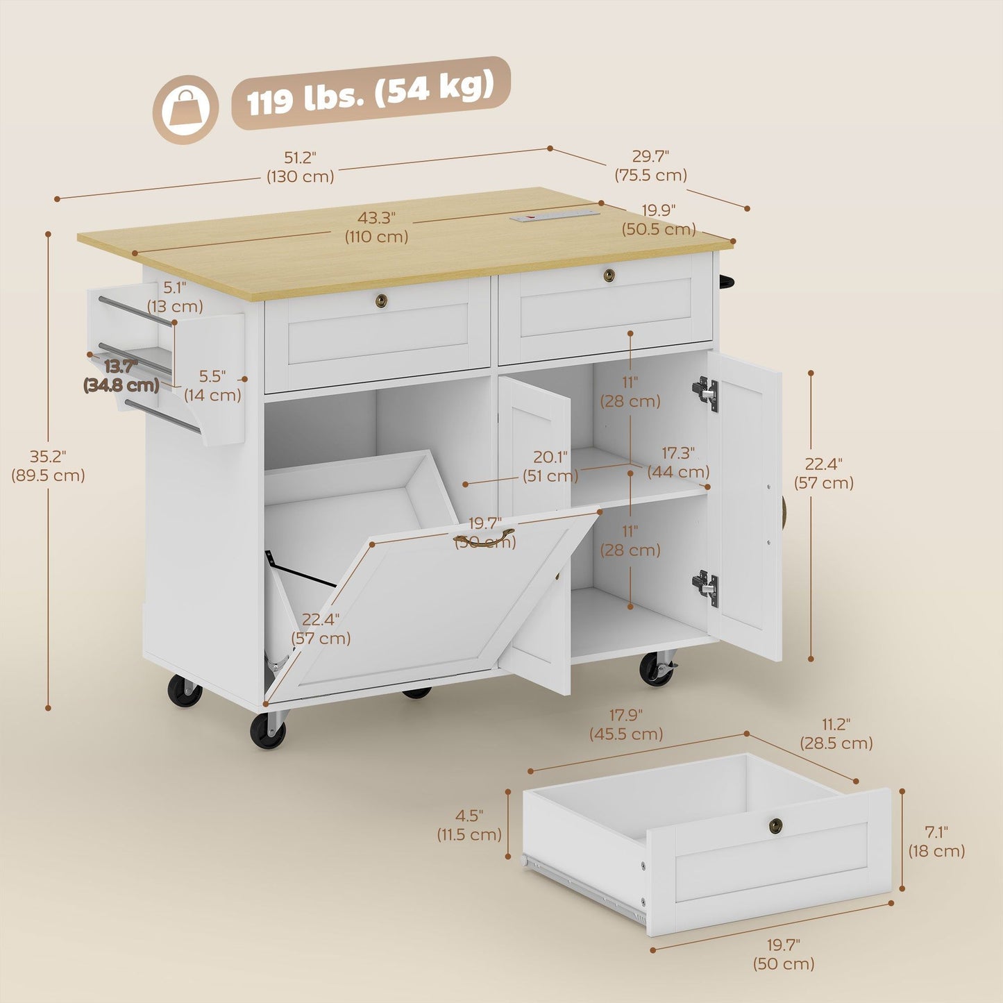 Kitchen Island Cart with Charging Station and Drop Leaf - White