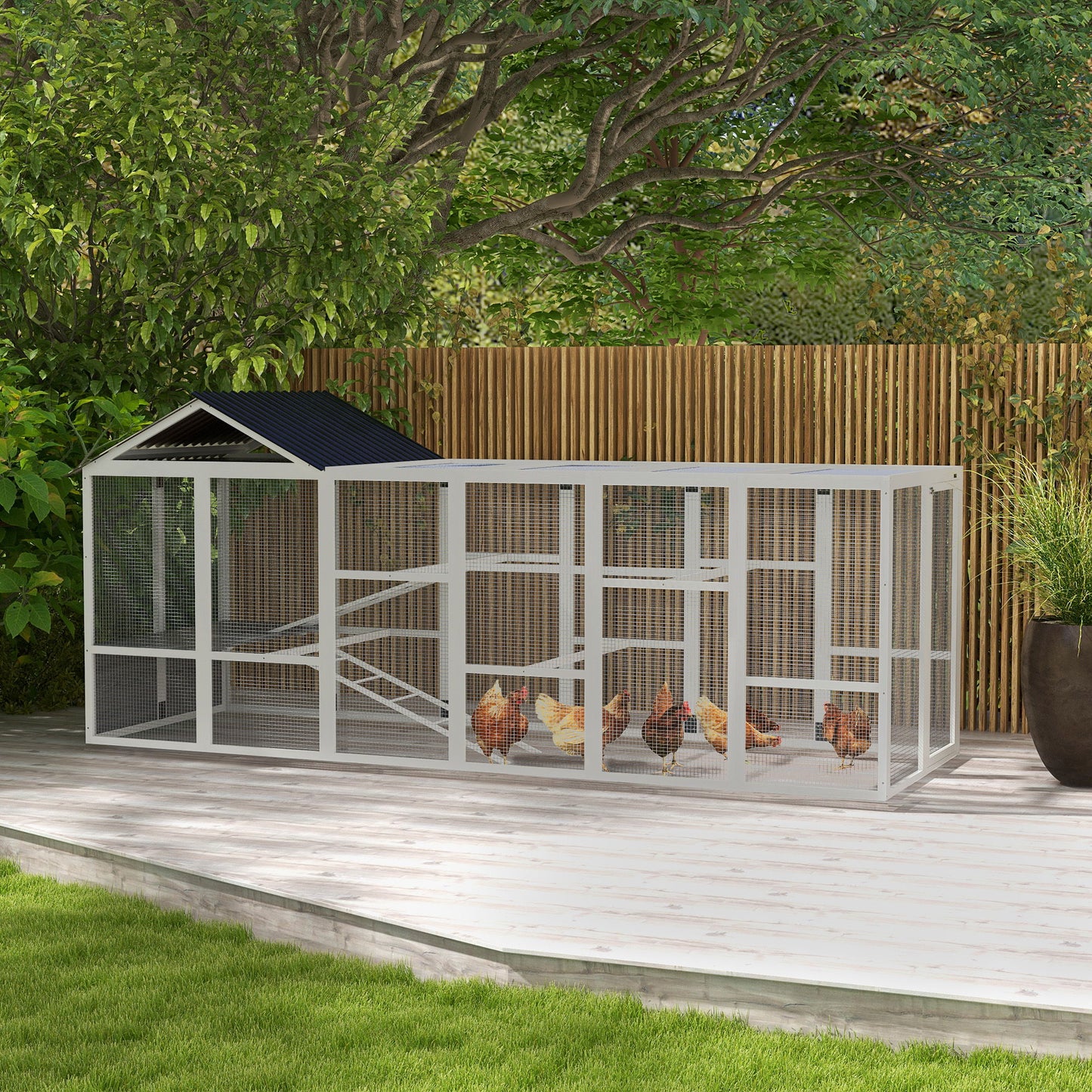 142" Outdoor Wooden Chicken Coop with Run, Ramps, Perches, Storage, Combinable Design for 6 - 10 Chickens, Grey
