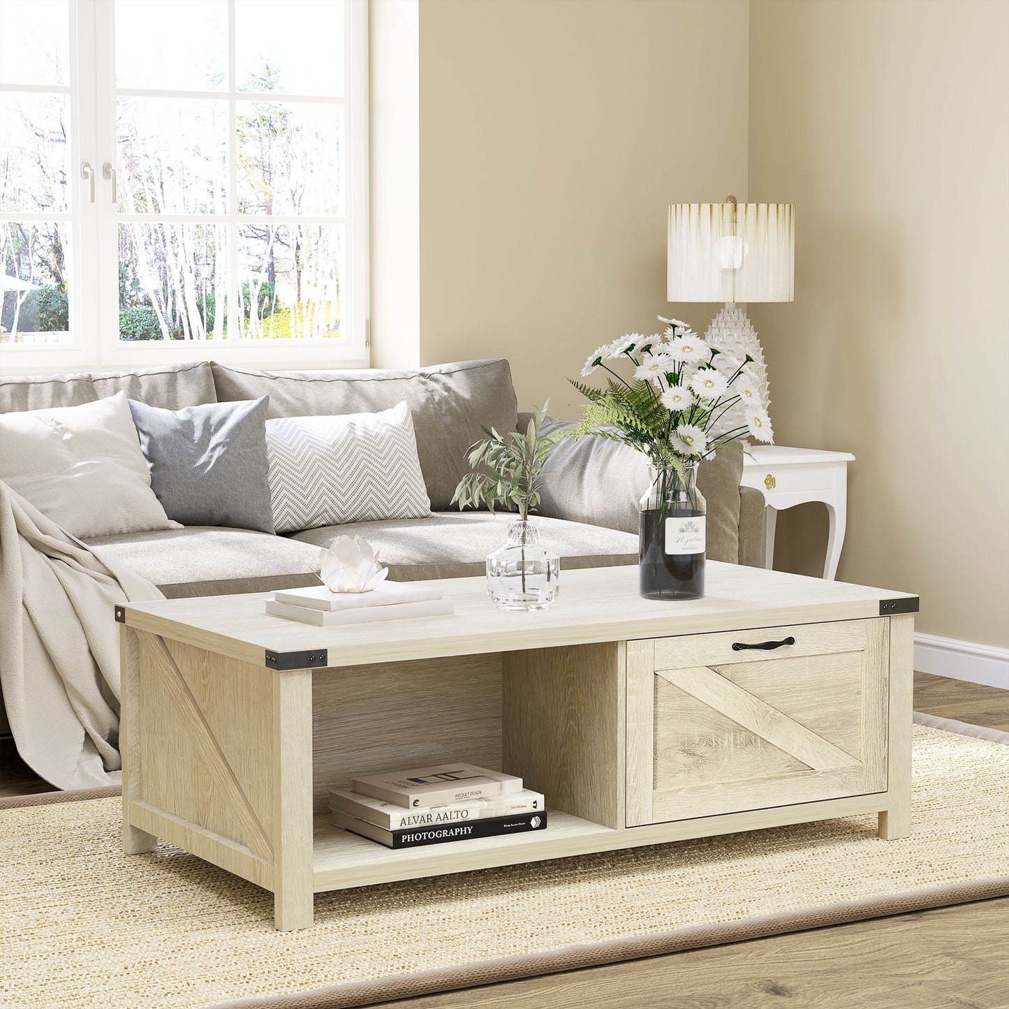 Industrial Coffee Table Side End Table with Drawer, Open Storage Shelf, Modern Farmhouse Furniture, for Living Room, Dining Room, Office, White Oak