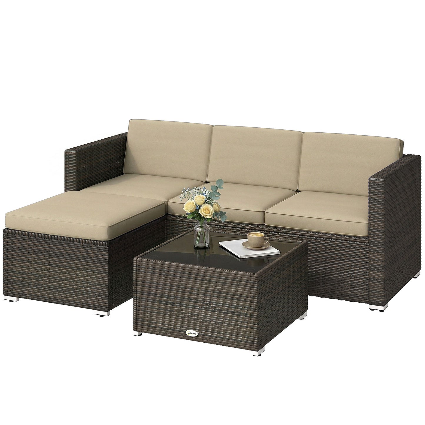3 Pieces Patio Furniture Set with Cushions, Outdoor PE Rattan Wicker Conversation Corner Sofa Set, Khaki