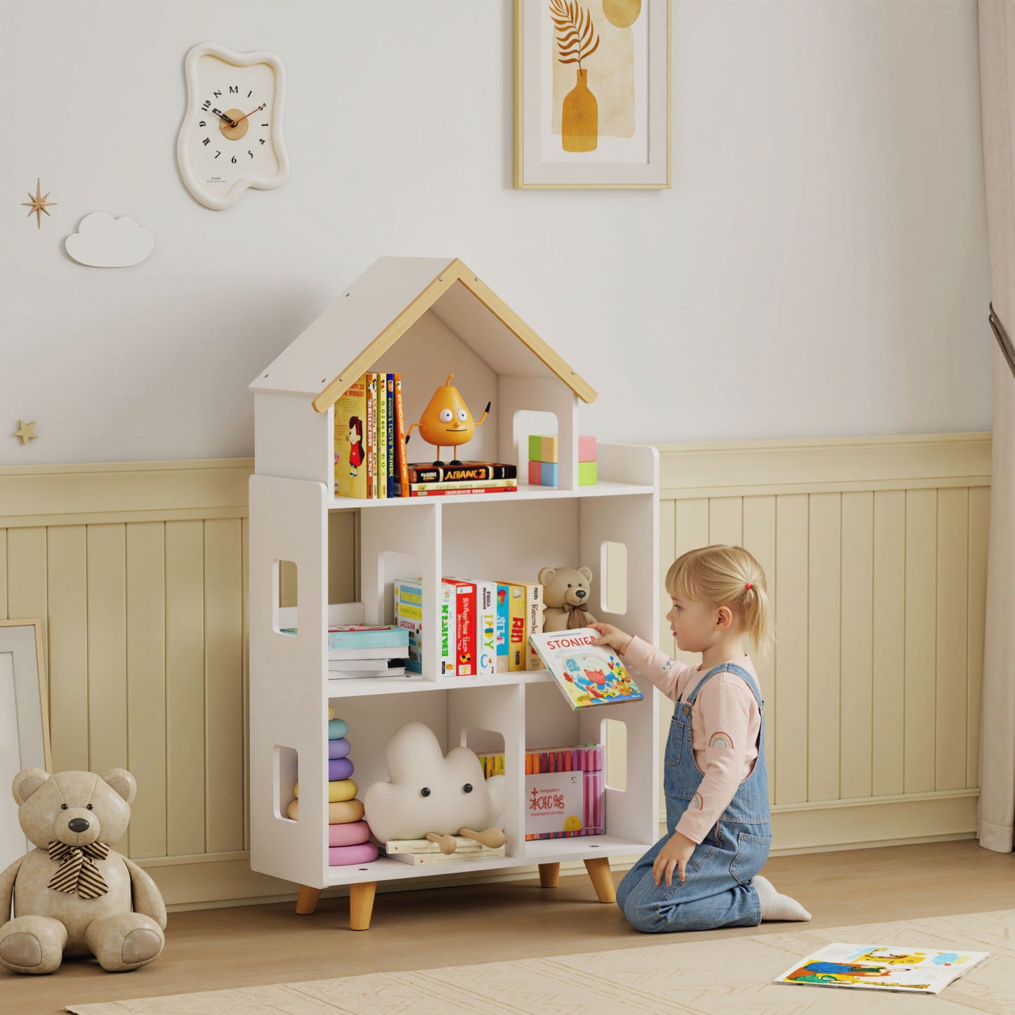 Toy Storage Organizer Cabinet, 3-Tier Kids Bookshelf for Playroom, Kids Room, Nursery, Kindergarten, White