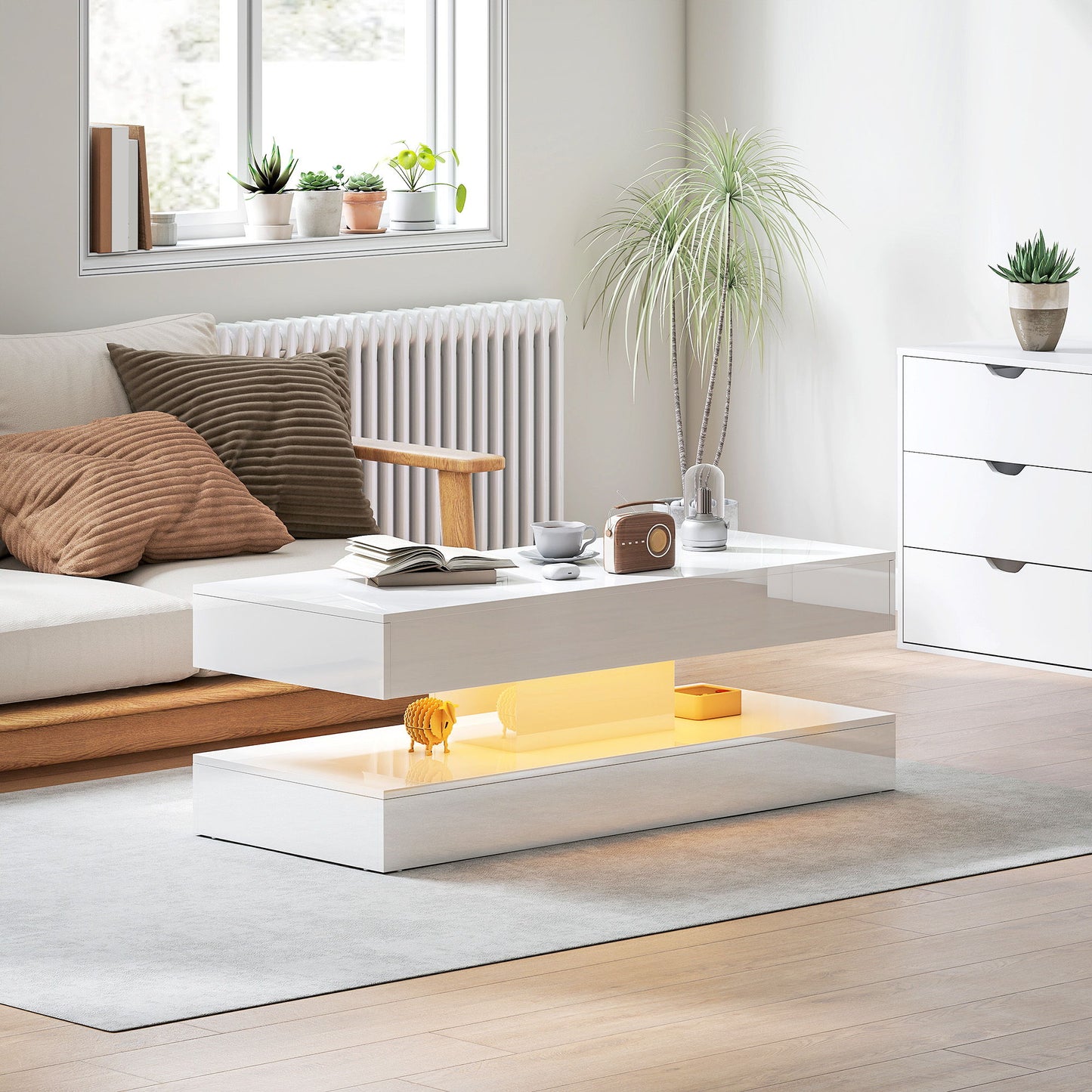 Coffee Table with Adjustable LED Lights, Modern Living Room Table with 2 Drawers, Open Shelf, Remote, High Gloss White