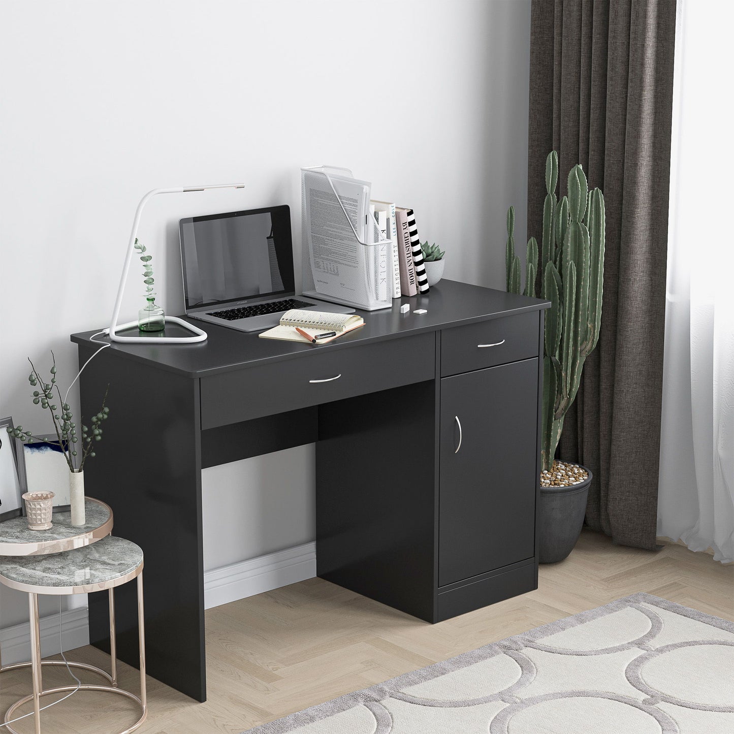Computer Desk with Storage Drawers, Study Writing Table with Cabinet Adjustable Shelf for Home Office Workstation Bedroom, Black