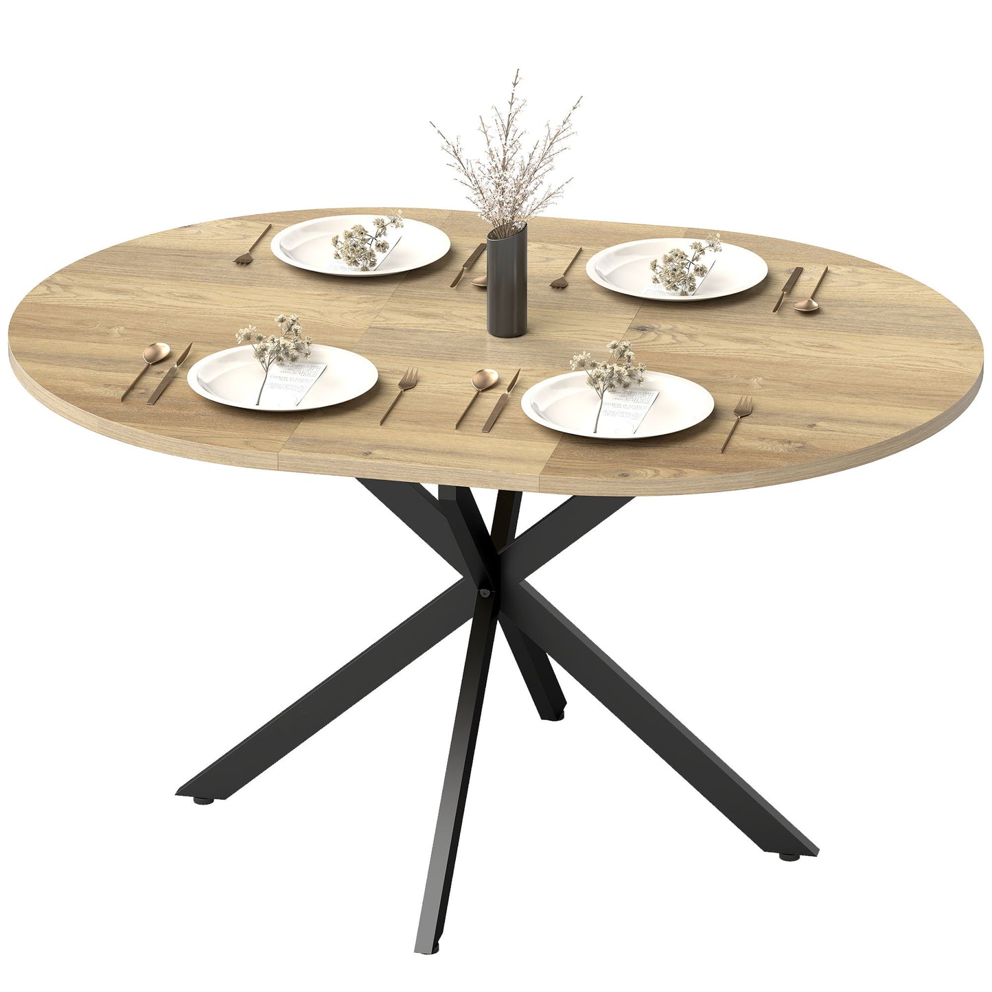 39.5"-53" Extendable Dining Table for 4-6, Industrial Kitchen Table with Butterfly Leaf and X-Shape Base, Natural Wood