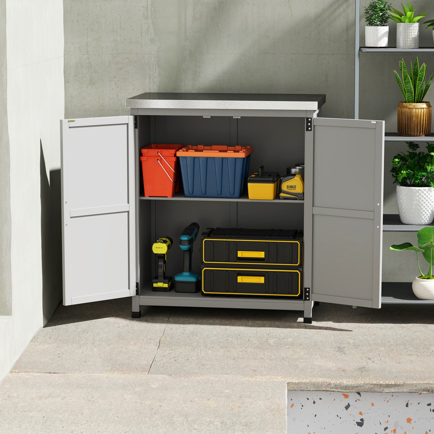Garden Storage Cabinet, Outdoor Potting Bench Table with Metal Tabletop, Shelf and Double Doors, Grey