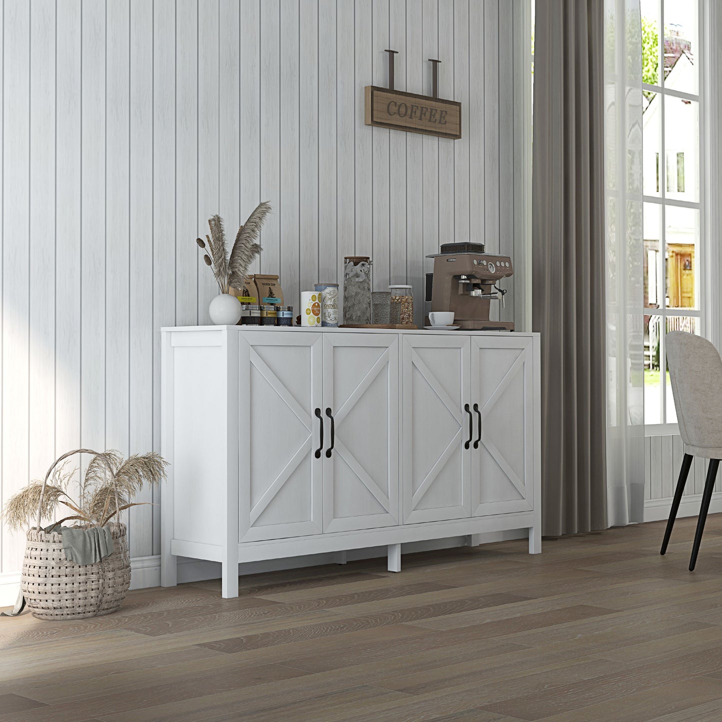 Sideboard Buffet, Storage Cabinet with Barn Door and Adjustable Shelf, TV Stand for TVs up to 65 Inches, White