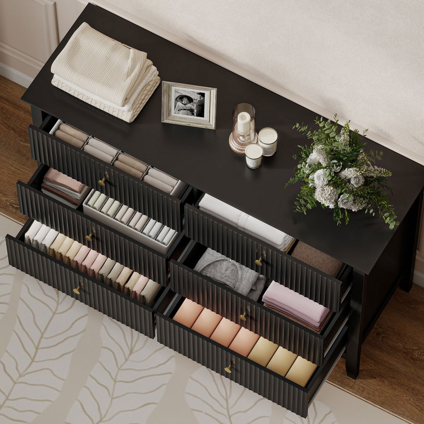 Double Chest of Drawers, Modern 6 Drawer Dresser for Bedroom, Living Room, Hallway, Closet, Black