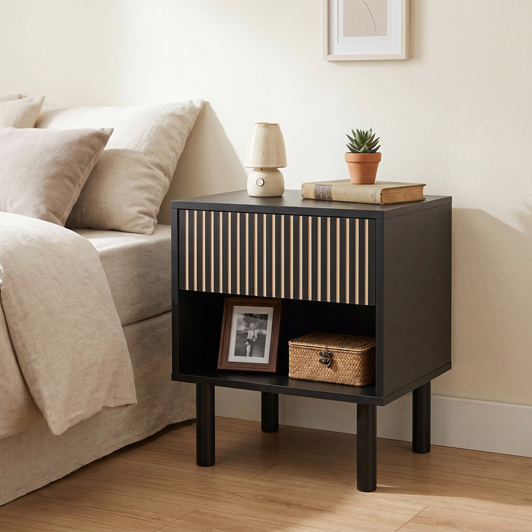 Bedside Table with Drawer and Open Shelf - Black