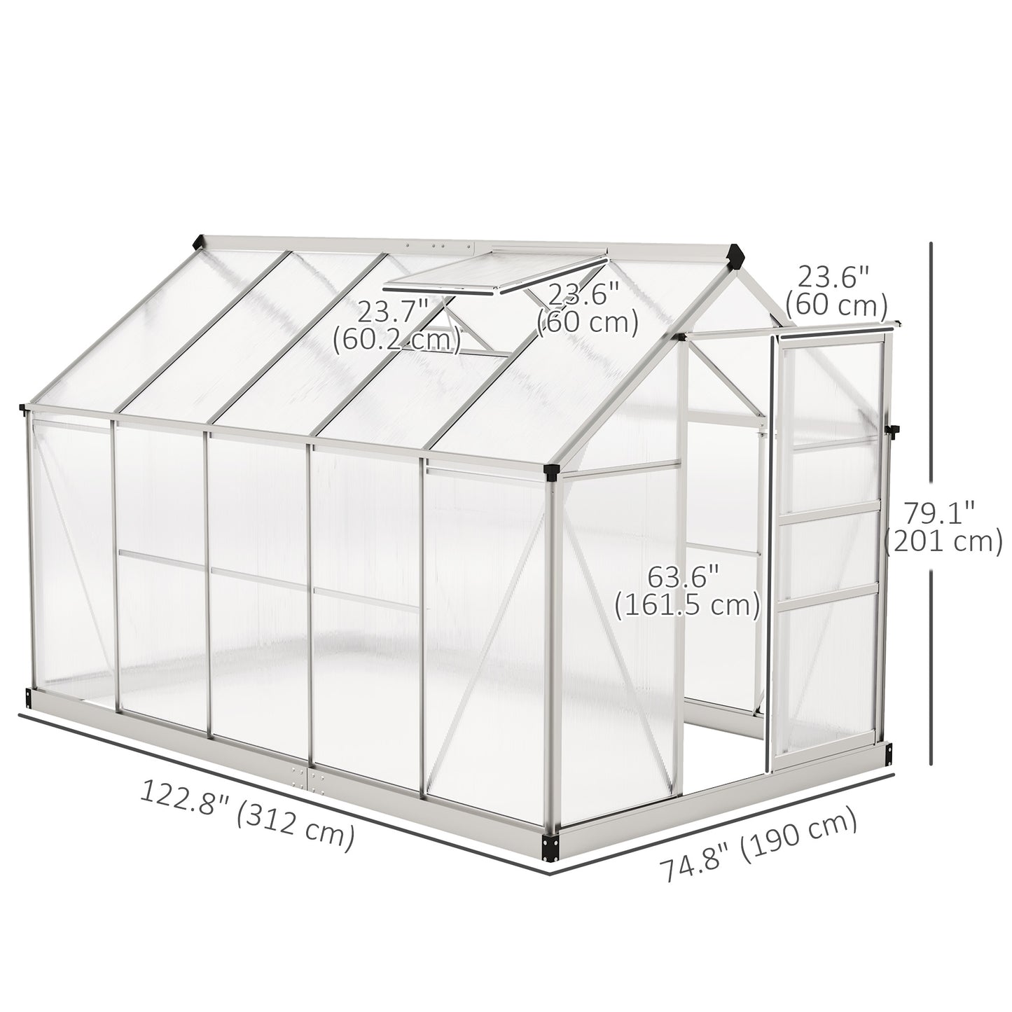 6' x 10' x 6.6' Polycarbonate Greenhouse, Walk-In Green House Kit Garden, Plants Grow, Galvanized Sheet Aluminum Frame with Rain Gutter, Vents and Sliding Door, Sliver