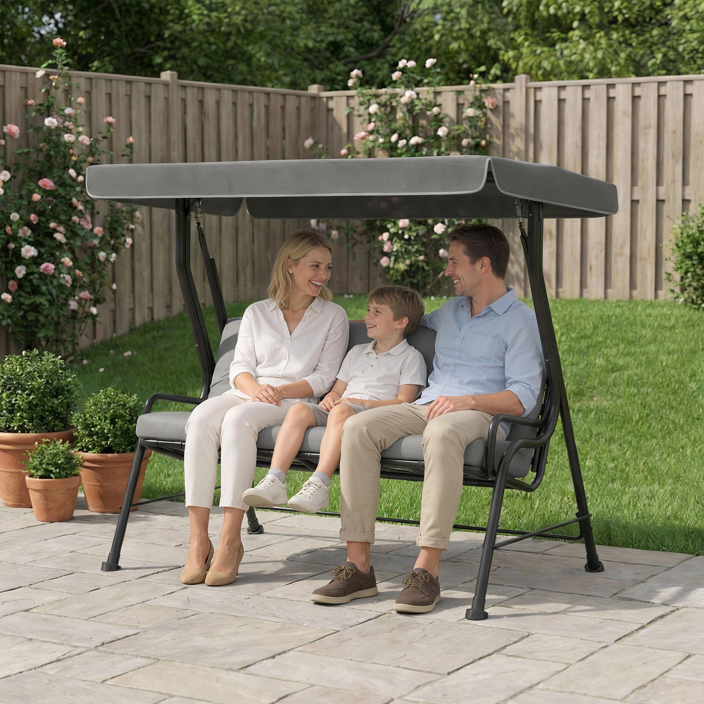 3-Person Patio Swing Chair with Canopy 3 Seater Porch Swing for Garden, Backyard, Poolside, Light Grey