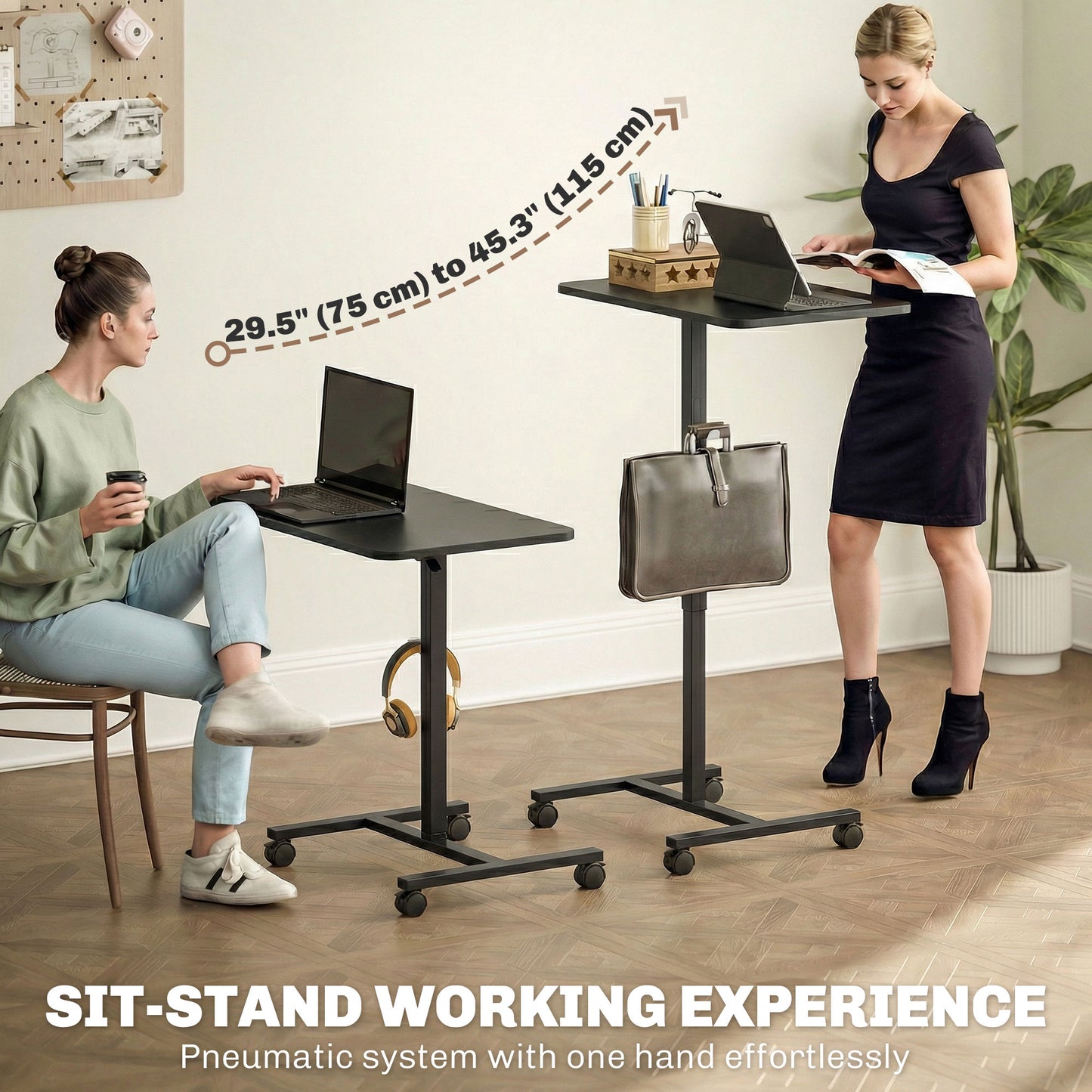 Height Adjustable Standing Desk, Pneumatic Sit Stand Desk with Wheels and Headphone Hook, Black Wood Grain