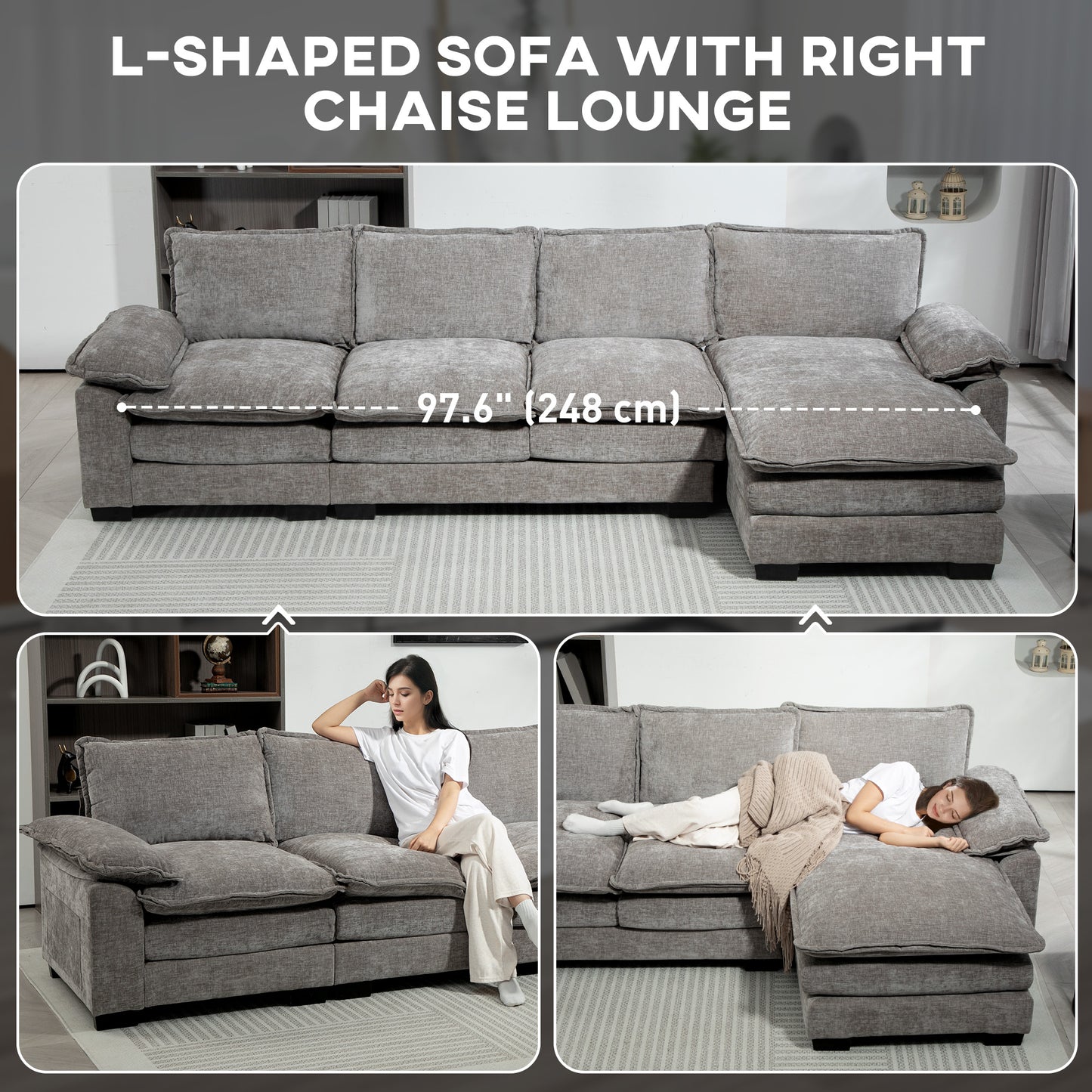 Sofa Couch with Chaise Lounge, Chenille L-shaped Couch with Double-layer Seat Cushion for Living Room, Grey