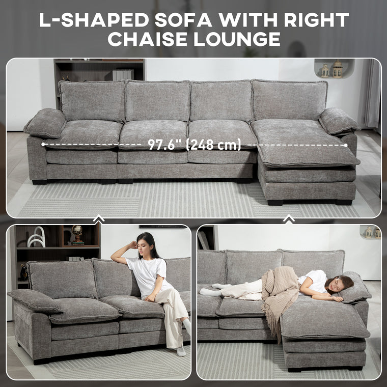 Chenille L-Shaped Sofa with Chaise - Grey