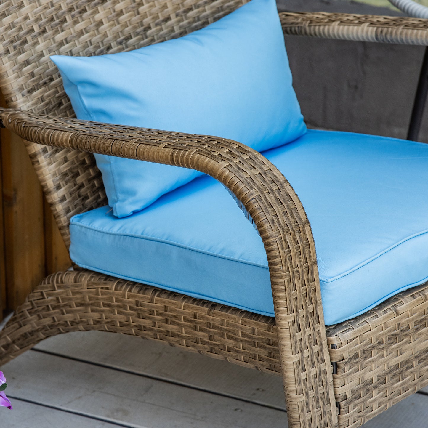 Patio Wicker Adirondack Chair, Outdoor PE Rattan Fire Pit Chair, Muskoka Chair w/ Soft Cushions, Tall Curved Backrest and Comfortable Armrests for Deck Garden, Blue