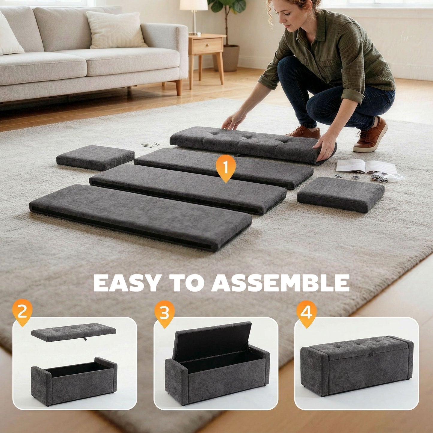 Storage Ottoman Bench, Linen-Look Fabric Upholstered Ottoman with Storage, Wide Padded Seat, Dark Grey